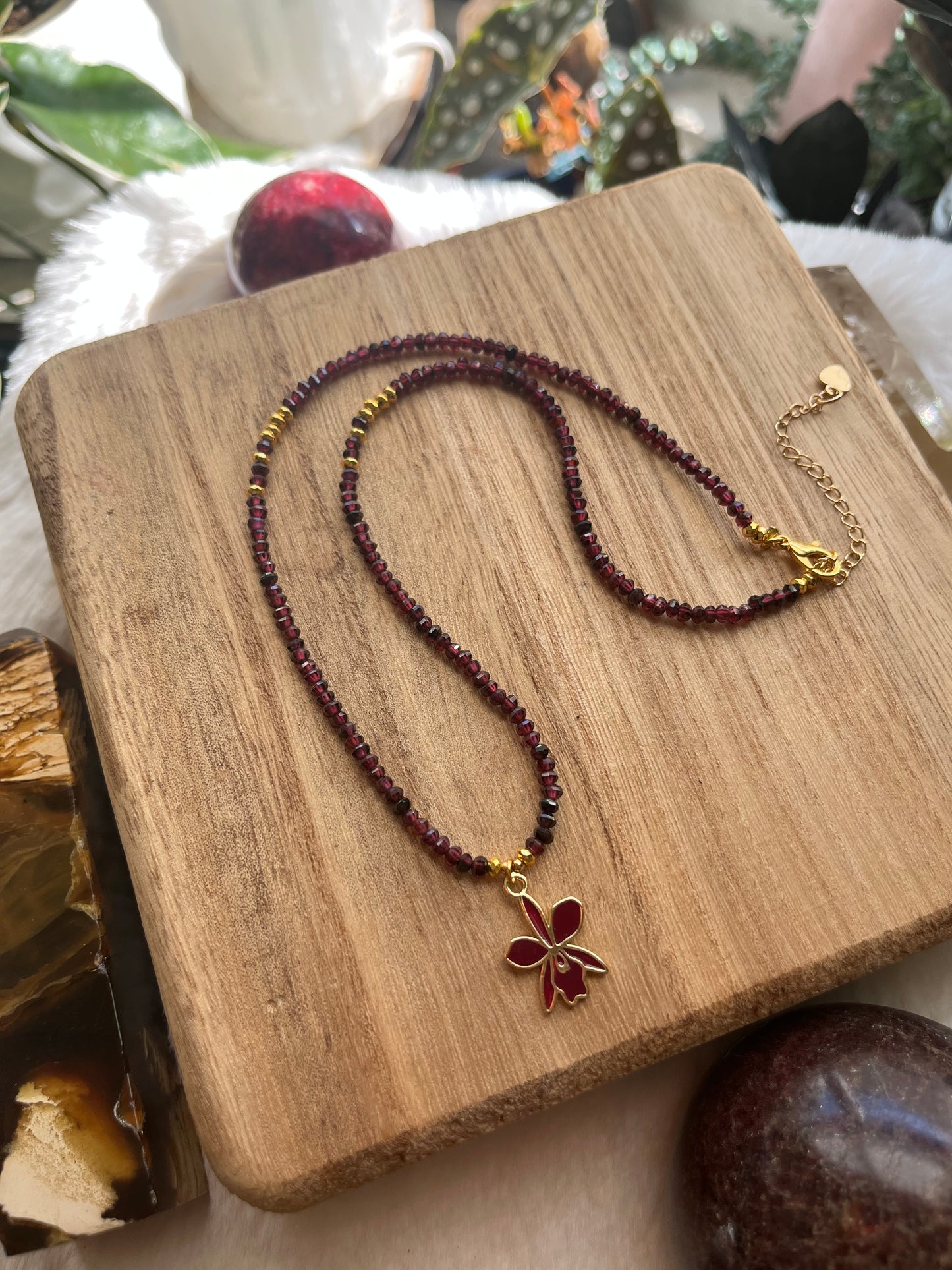 Garnet Orchid Necklace in Deep Red and Gold