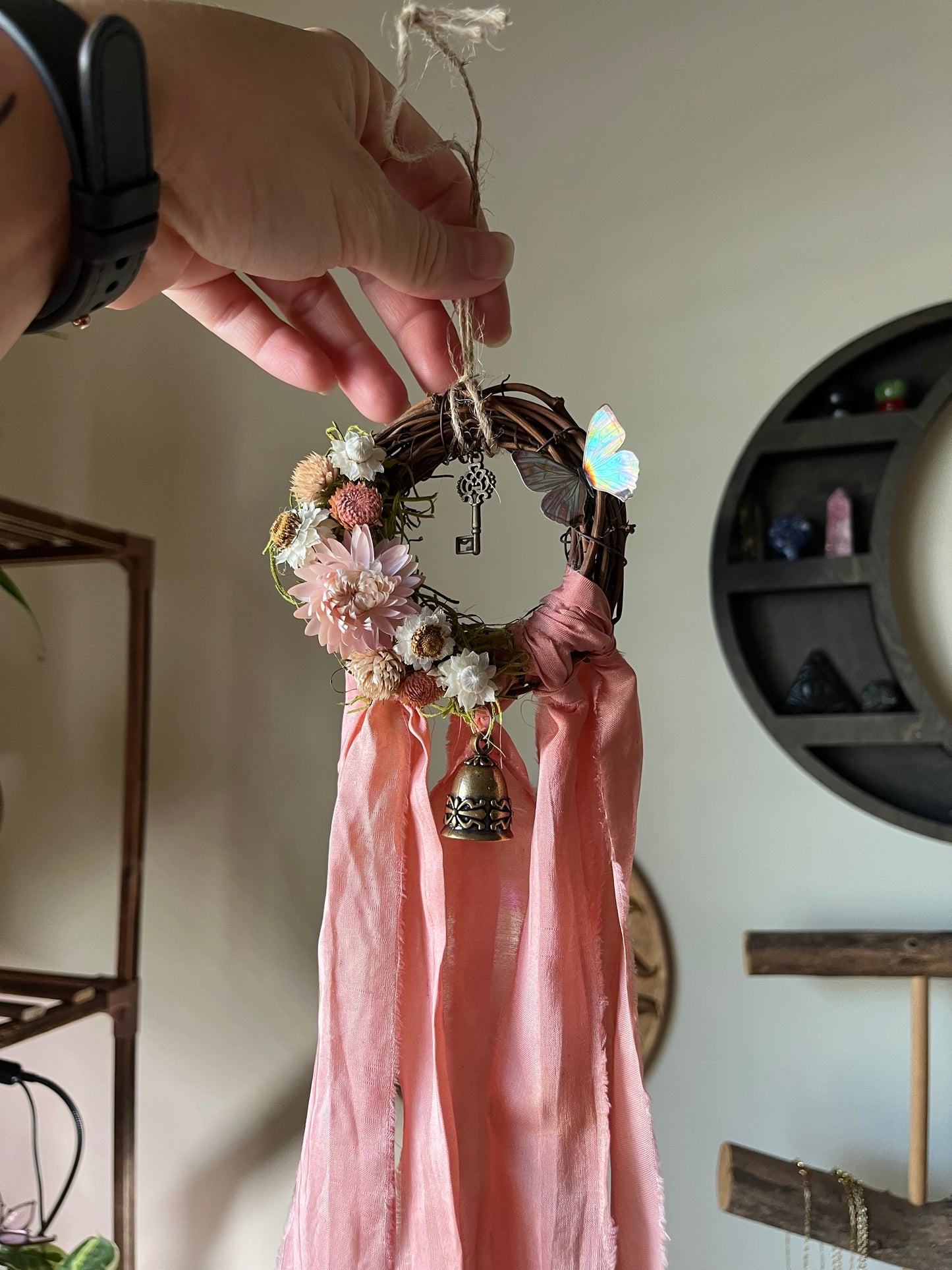 Butterfly Fairy Blessing Bells, Wreath with Dried Florals, Roses, Key Charm