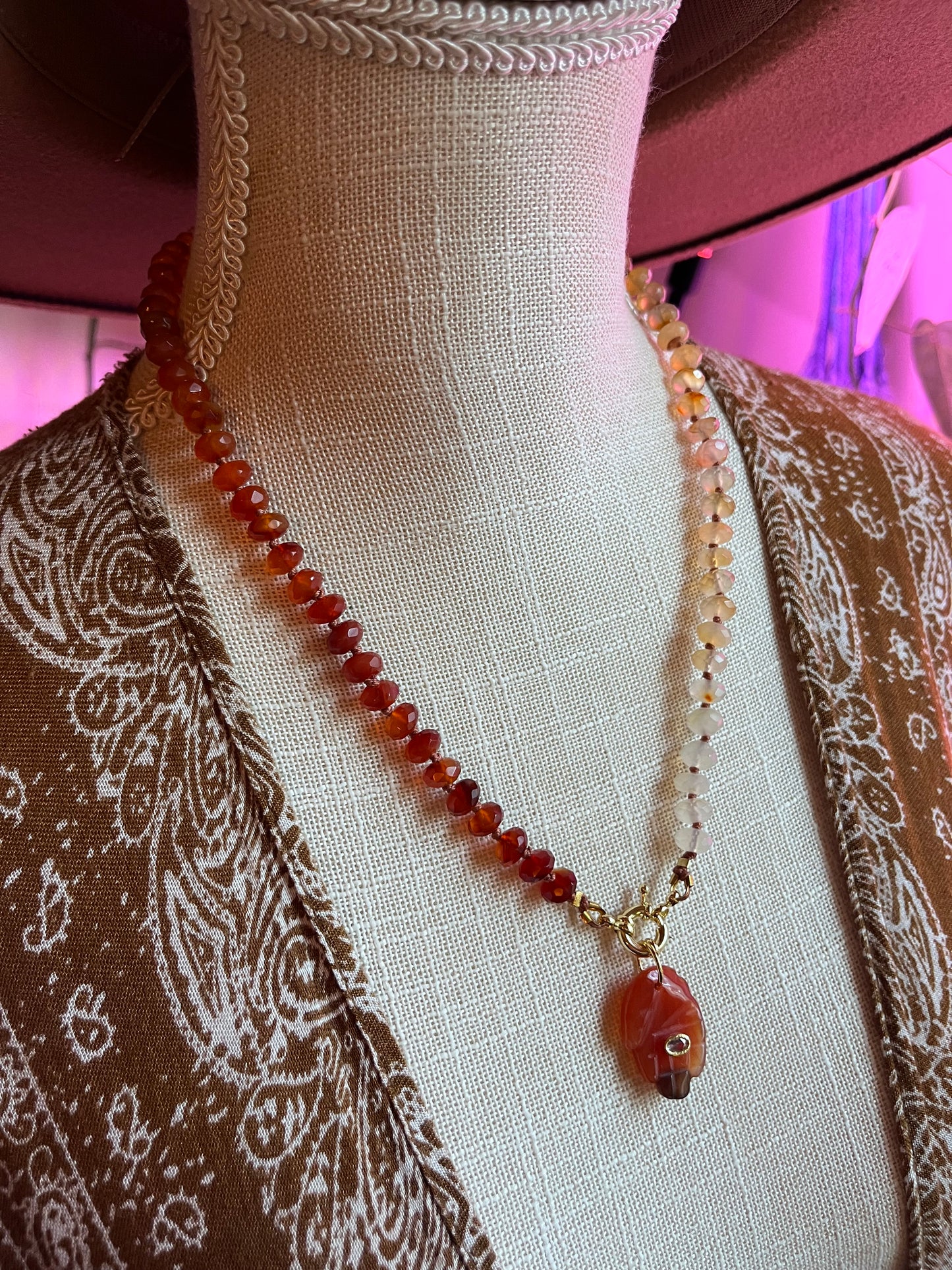 Hamsa necklace, “Fire Within” gem candy necklace, carnelian necklace, carnelian jewelry, knotted rondelle necklace, luxe gem necklace