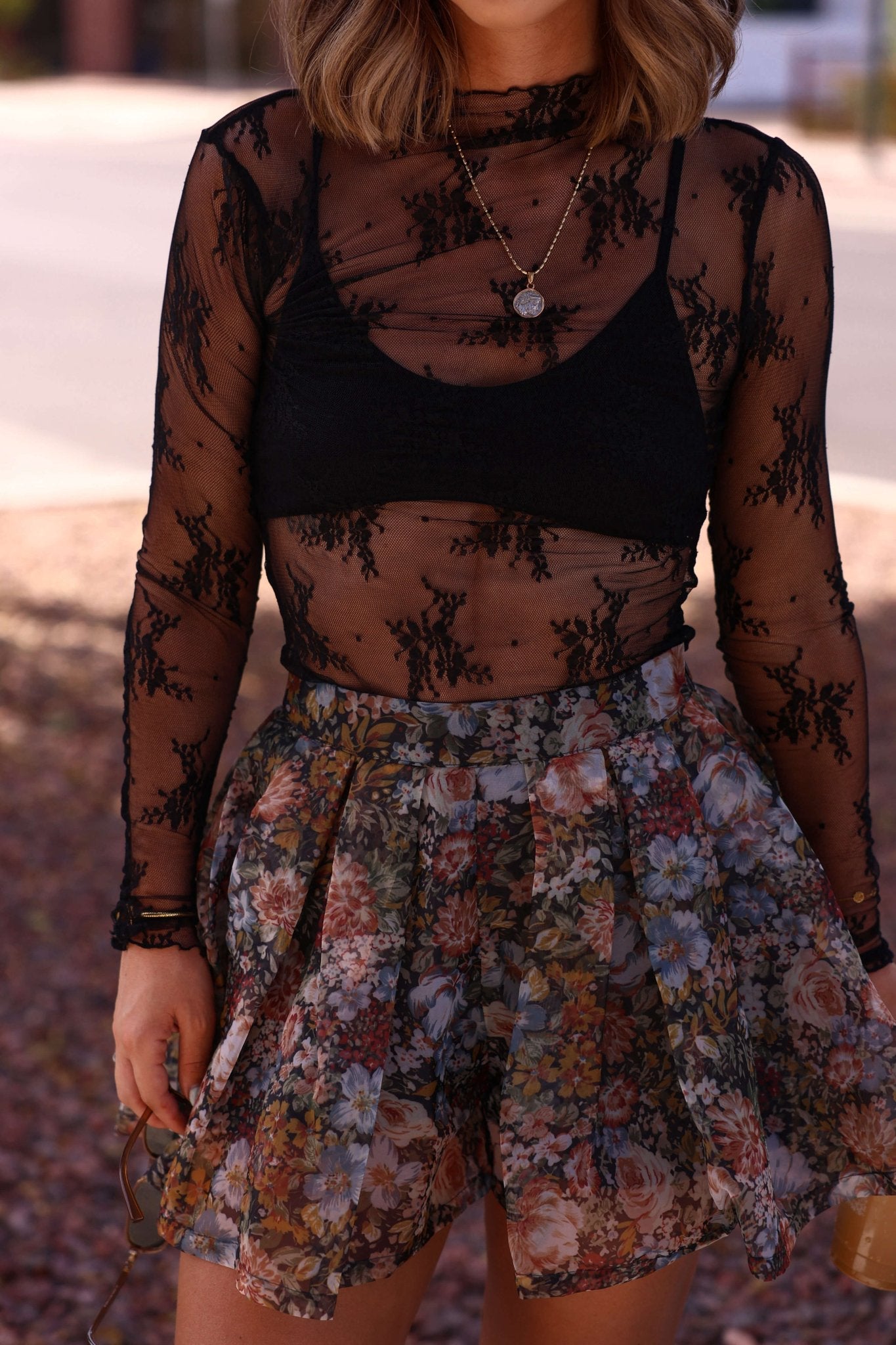 Black Sheer Lace Mock Neck Top