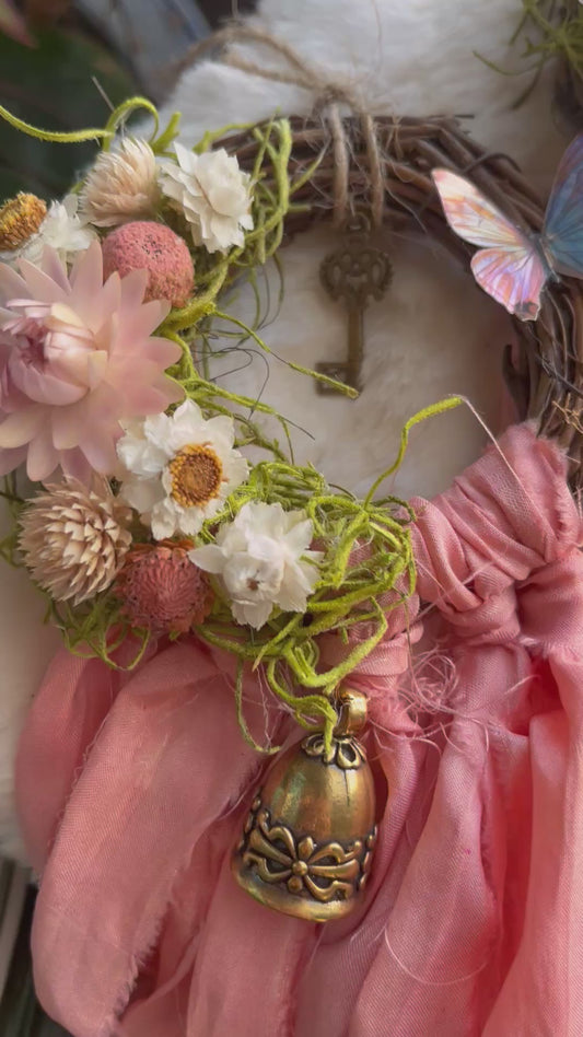 Butterfly Fairy Blessing Bells, Wreath with Dried Florals, Roses, Key Charm