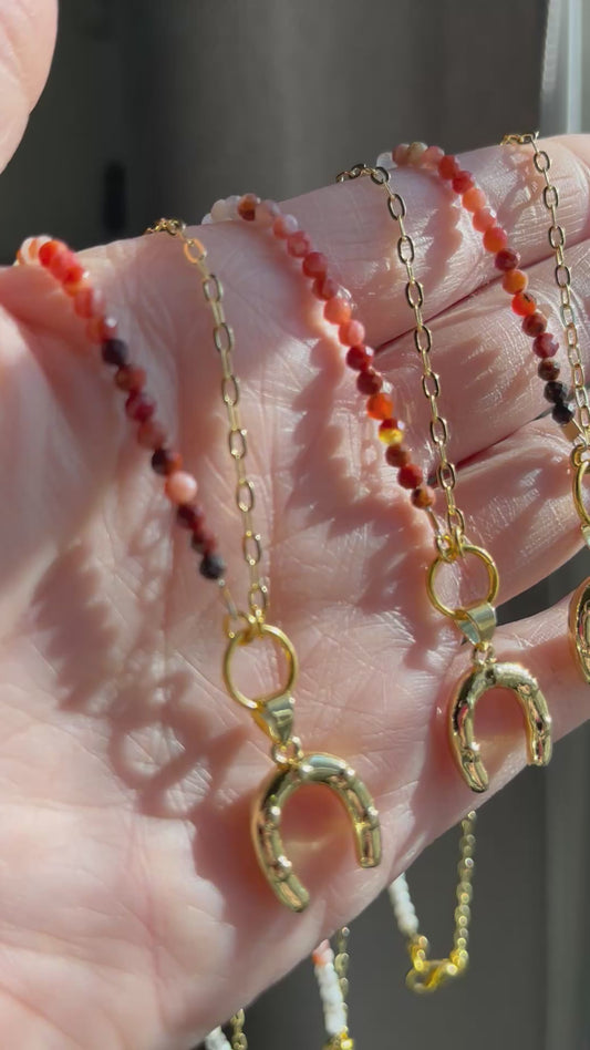 Moroccan Red Agate necklace, horseshoe charm, lucky jewelry, agate necklace, abundance, creativity, passion, good luck charm jewelry